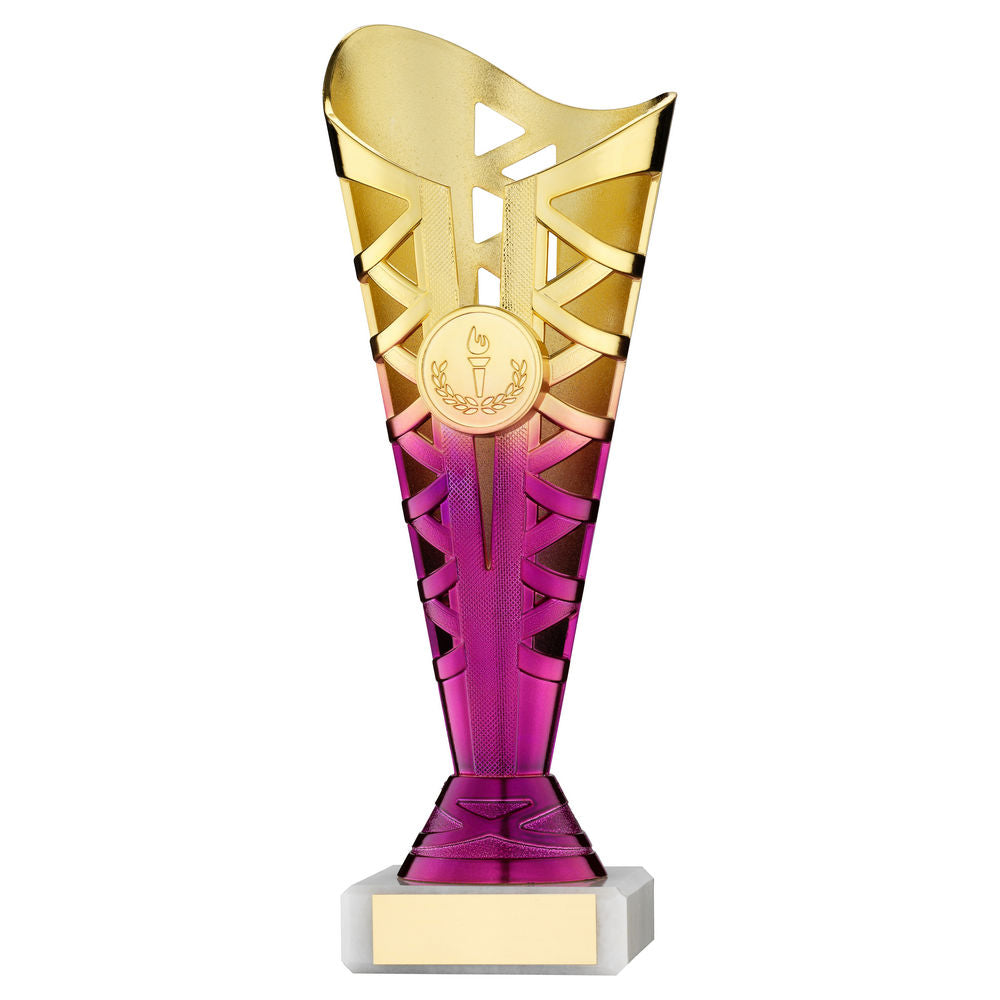 Titan Gold/Purple Plastic Trophy Cup on White Marble Base
