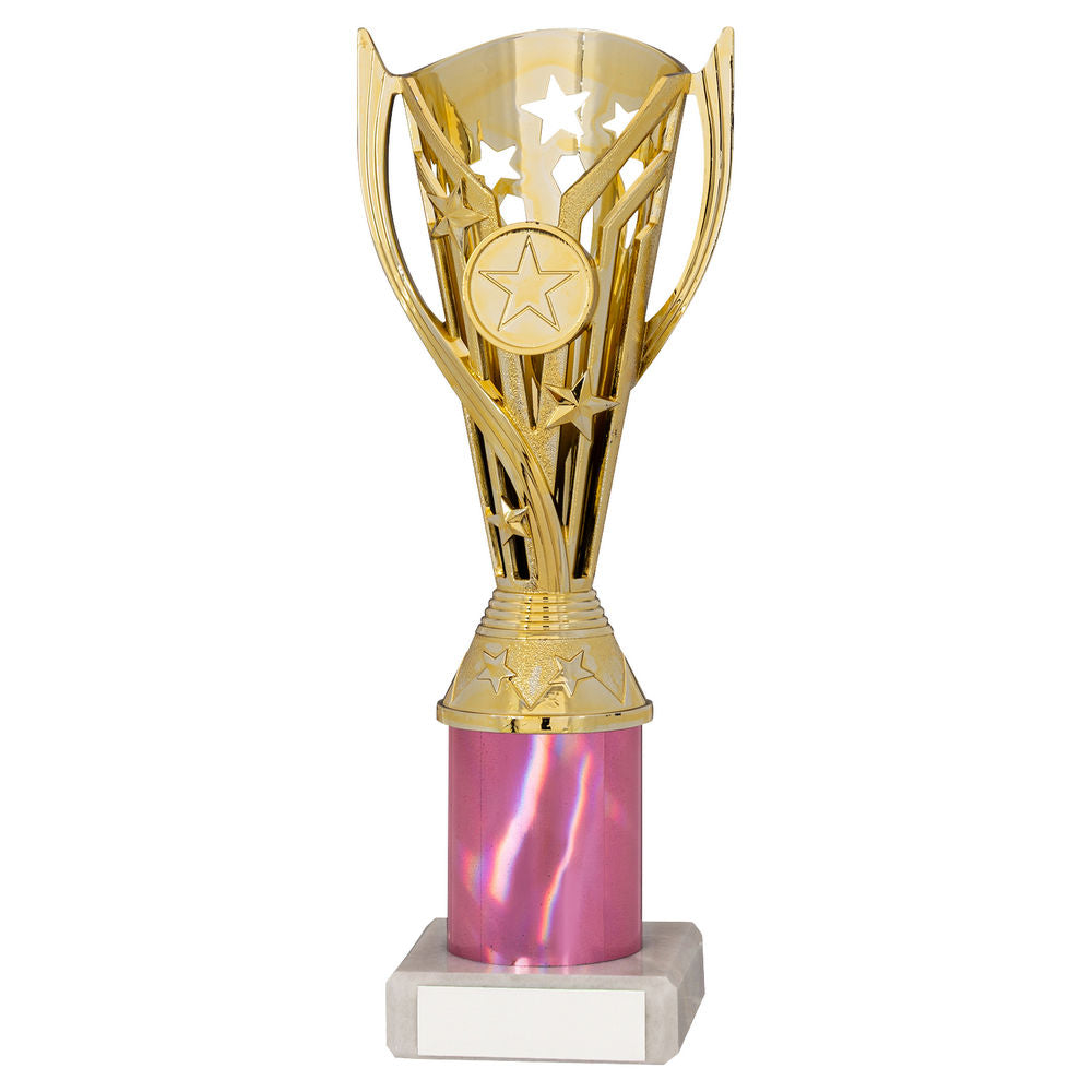 Flash Gold/Pink Plastic Riser Trophy Cup on Marble Base