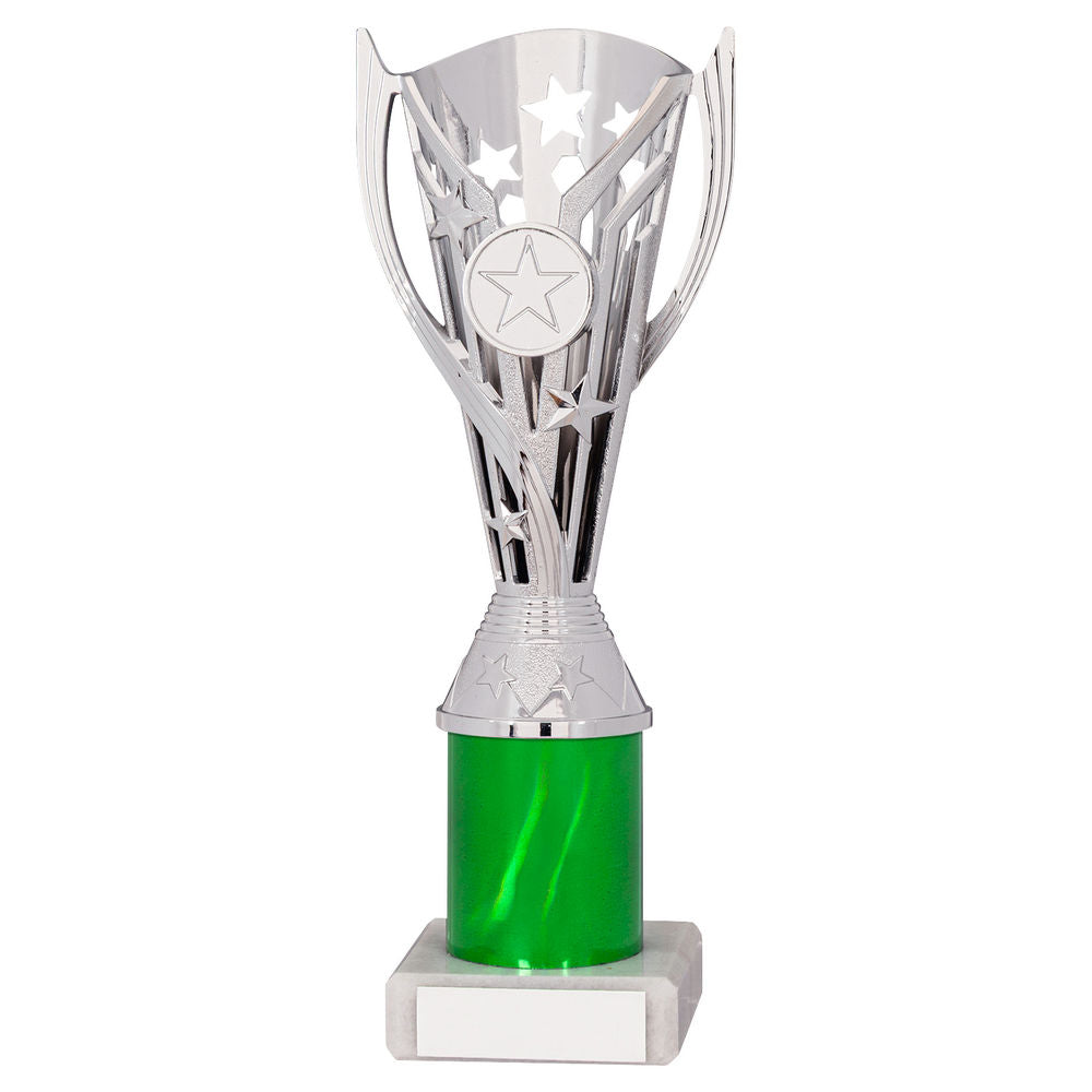 Flash Silver/Green Plastic Riser Trophy Cup on Marble Base
