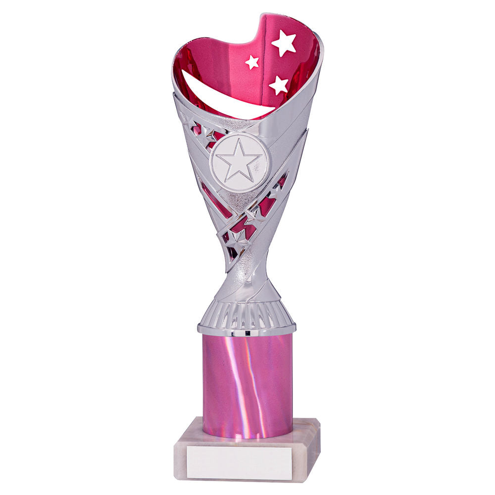 Sabre Silver/Pink Plastic Riser Trophy Cup on Marble Base
