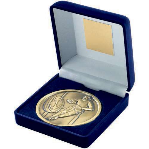 Rugby 70mm Gold Medal in Blue Presentation Box