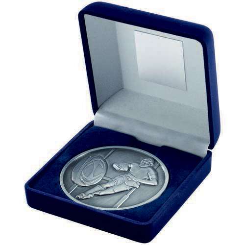 Rugby 70mm Silver Medal in Blue Presentation Box