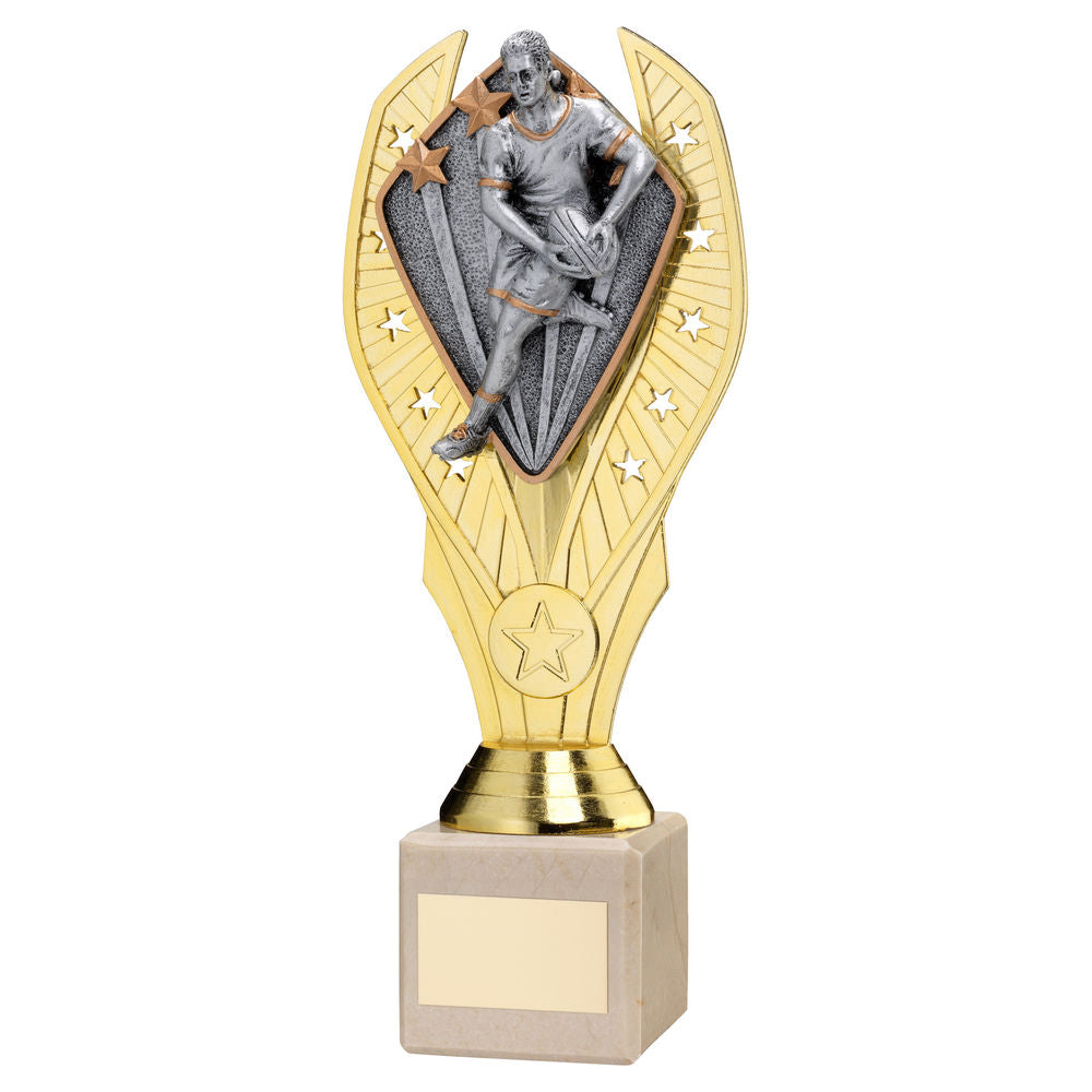 Mens Rugby Gold Plastic Statue Trophy on Cream Marble Base