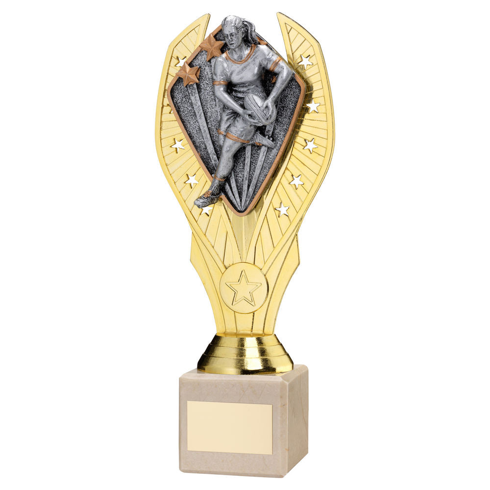 Womens Rugby Gold Plastic Statue Trophy on Cream Marble Base