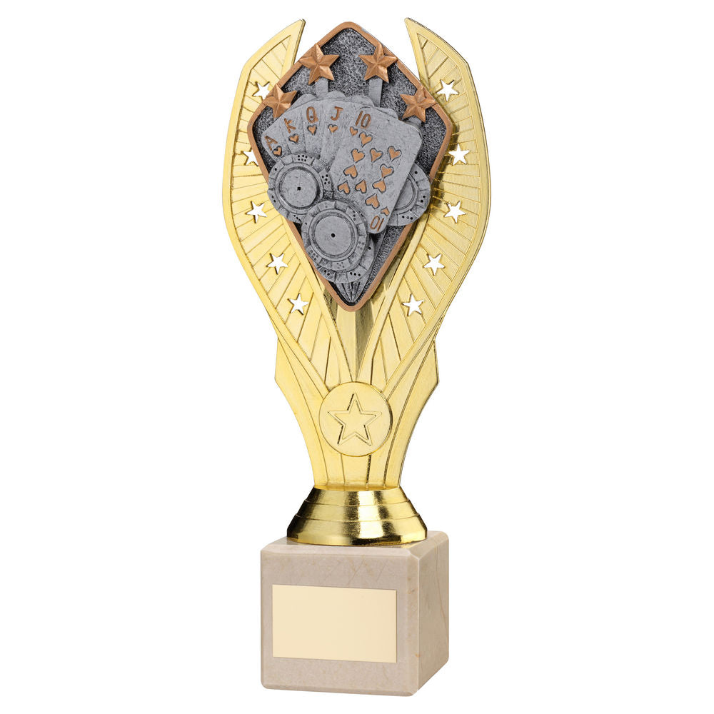 Cards Gold Plastic Statue Trophy on Cream Marble Base