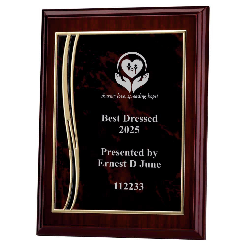 Personalised Freestanding Rosewood Plaque With Red/Gold Aluminium Front - Engraving Included