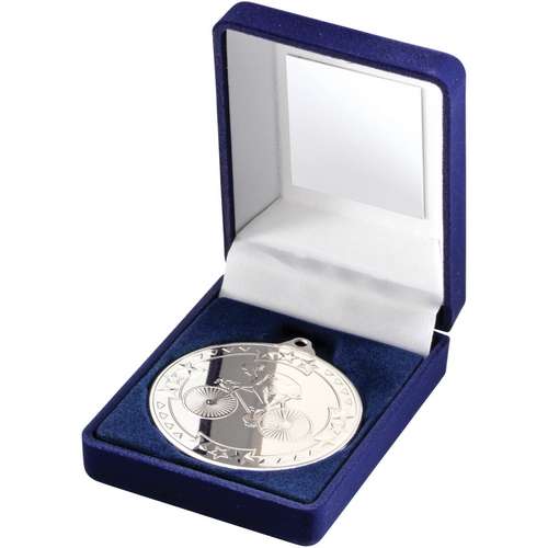 Cycling 50mm Silver Medal in Blue Presentation Box