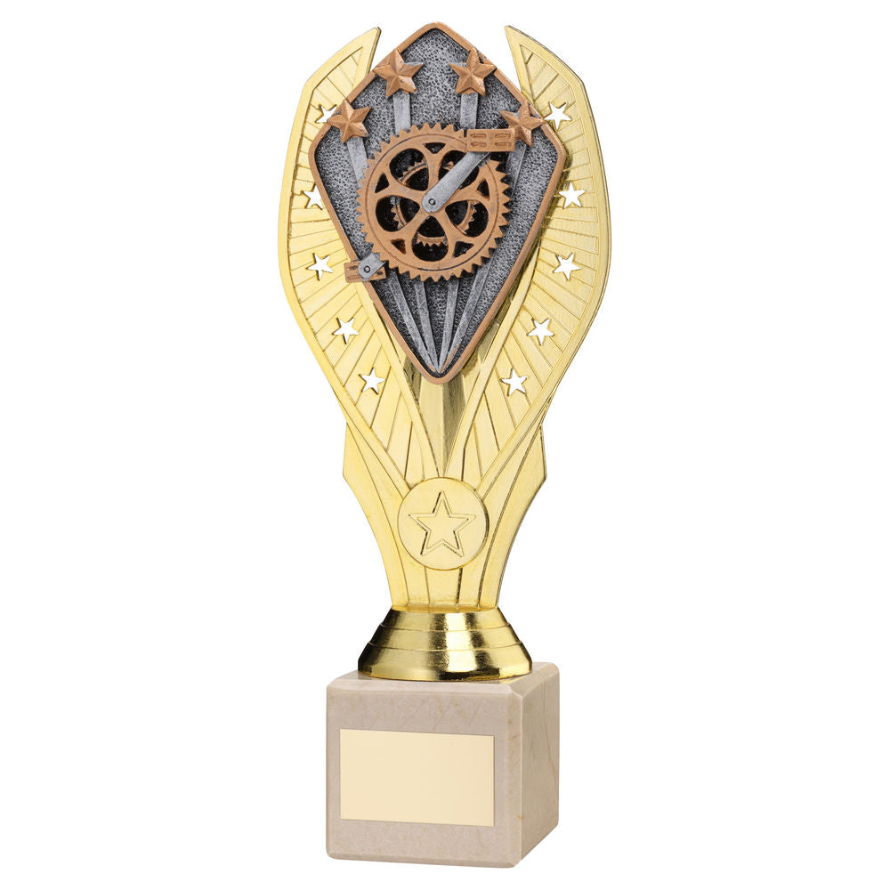Cycling Gold Plastic Statue Trophy on Cream Marble Base