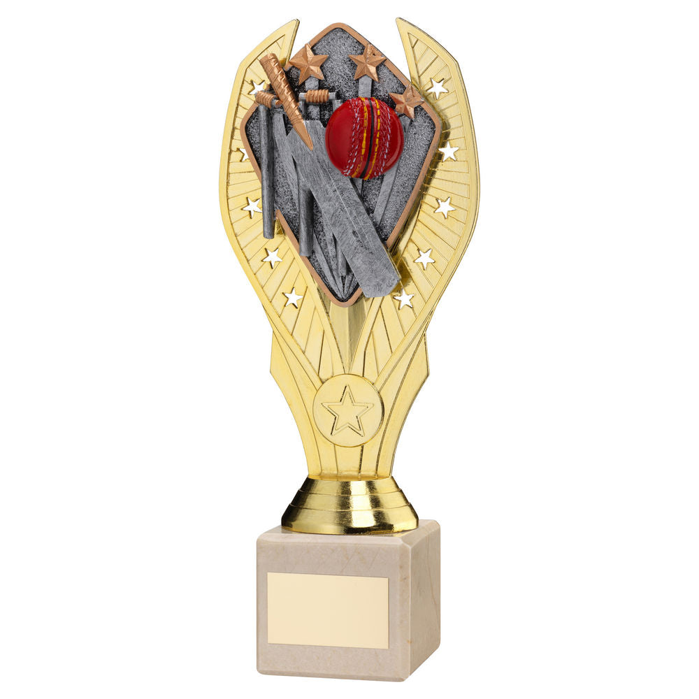 Cricket Gold Plastic Statue Trophy on Cream Marble Base