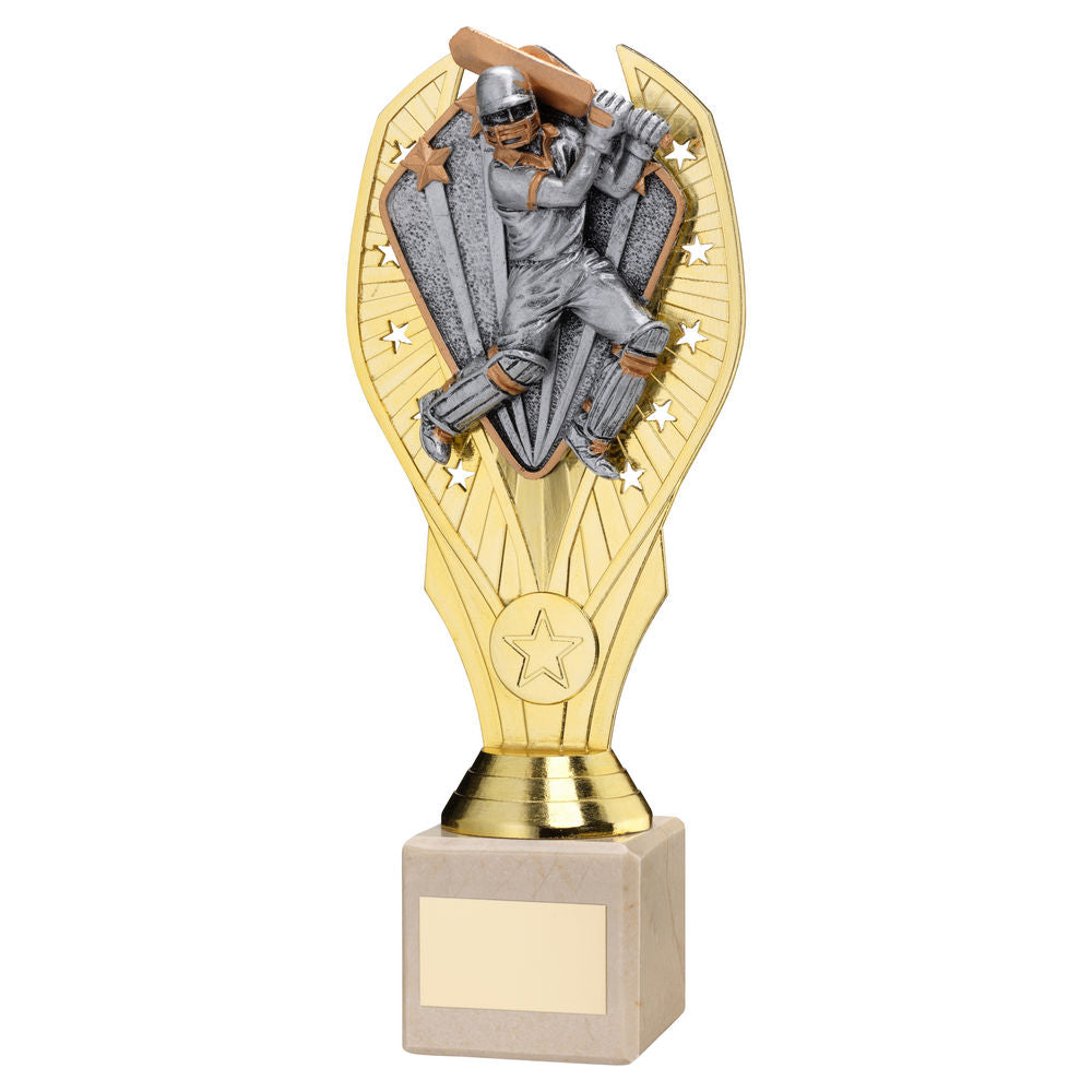 Cricket Batsman Gold Plastic Statue Trophy on Cream Marble Base