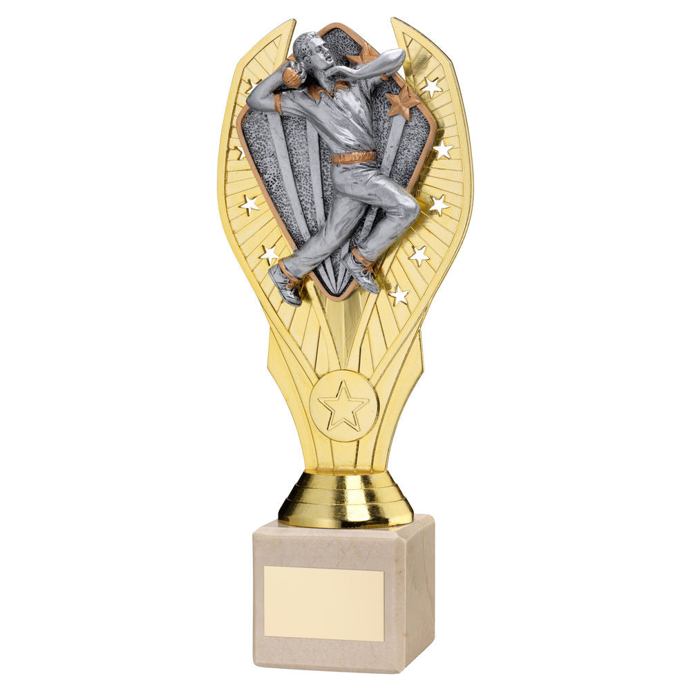 Cricket Bowler Gold Plastic Statue Trophy on Cream Marble Base
