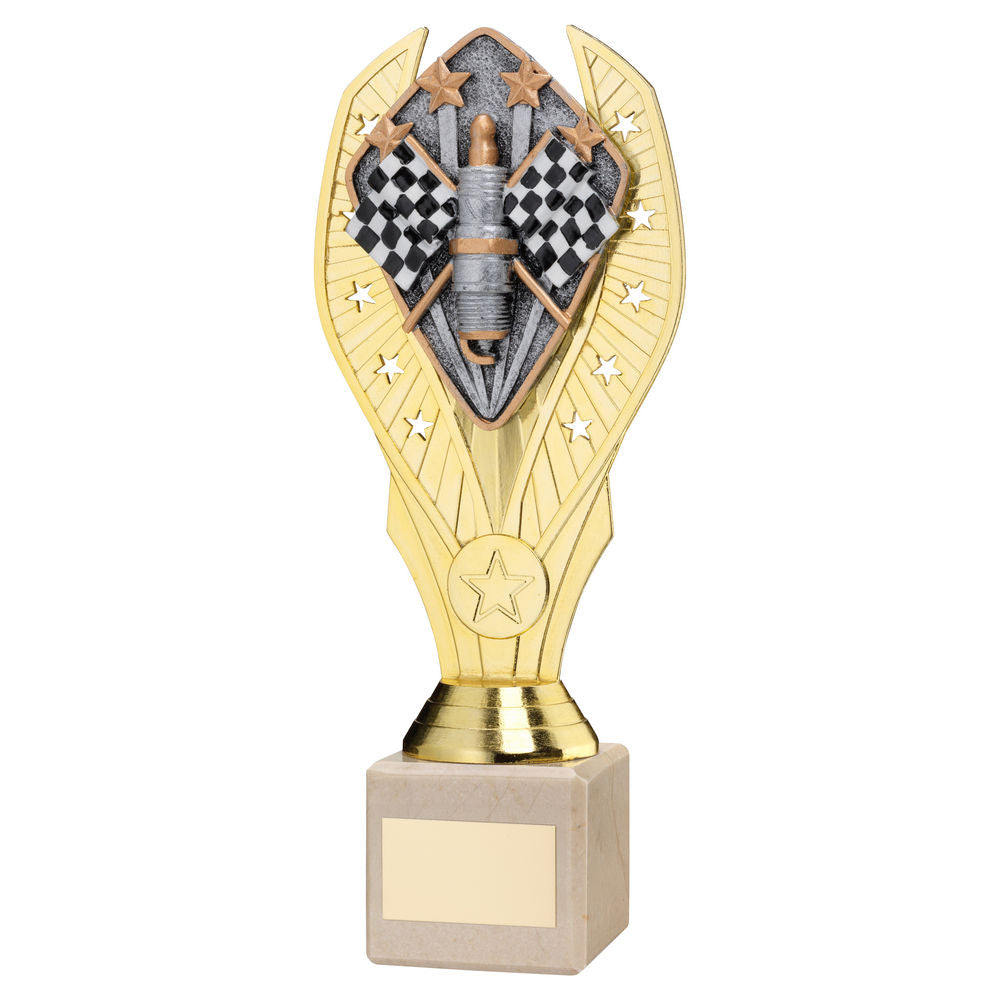 Motorsport Gold Plastic Statue Trophy on Cream Marble Base