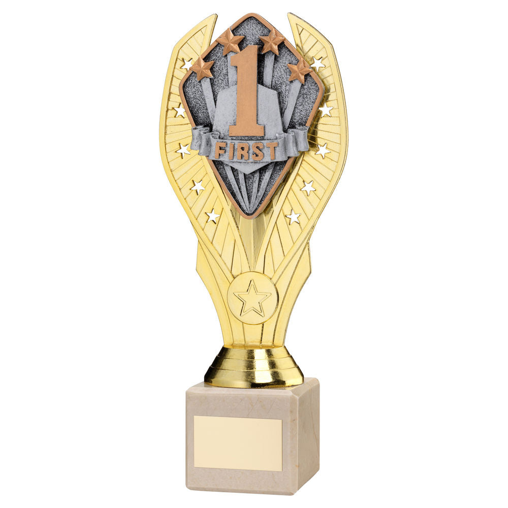 First Place Gold Plastic Statue Trophy on Cream Marble Base