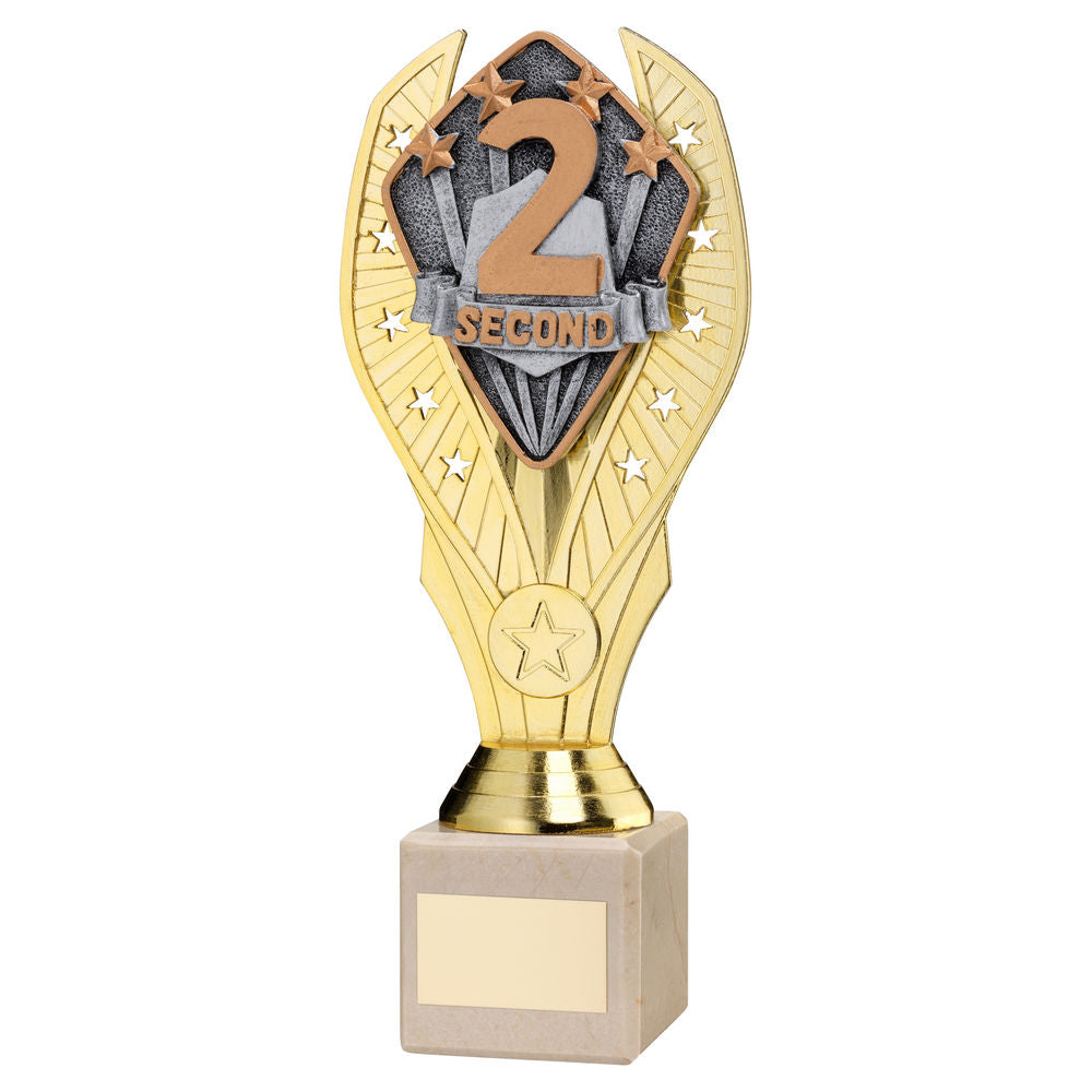 Second Place Gold Plastic Statue Trophy on Cream Marble Base
