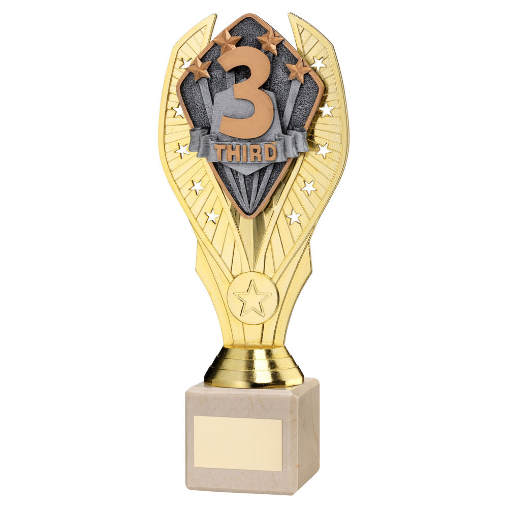 Third Place Gold Plastic Statue Trophy on Cream Marble Base