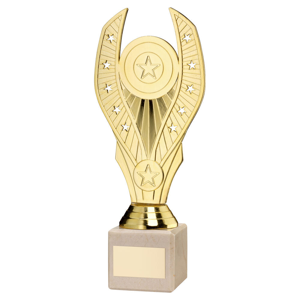 Custom Gold Plastic Statue Trophy on Cream Marble Base