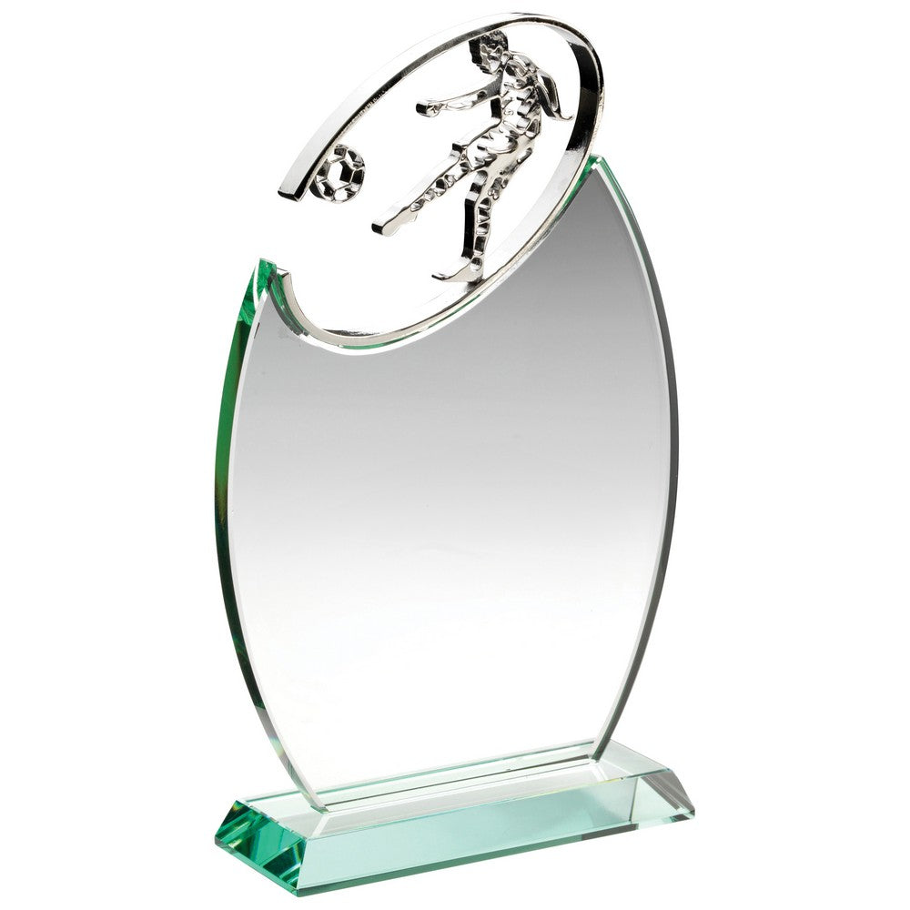 Jade Glass Oval Award With Metal Footballer - 8.5in H (CLEARANCE)