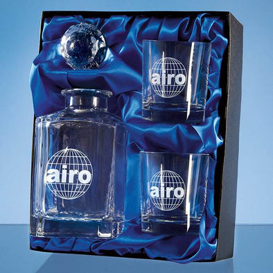 Engraved Plain Crystalite Whisky Decanter and 2 Glass Set