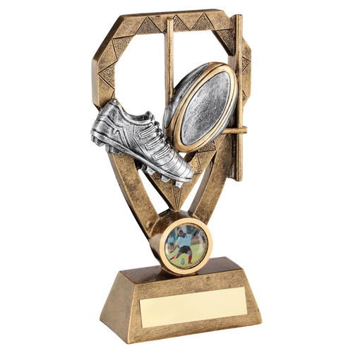 Rugby Trophy - Boot And Ball With Posts On Diamond - 8in (CLEARANCE)