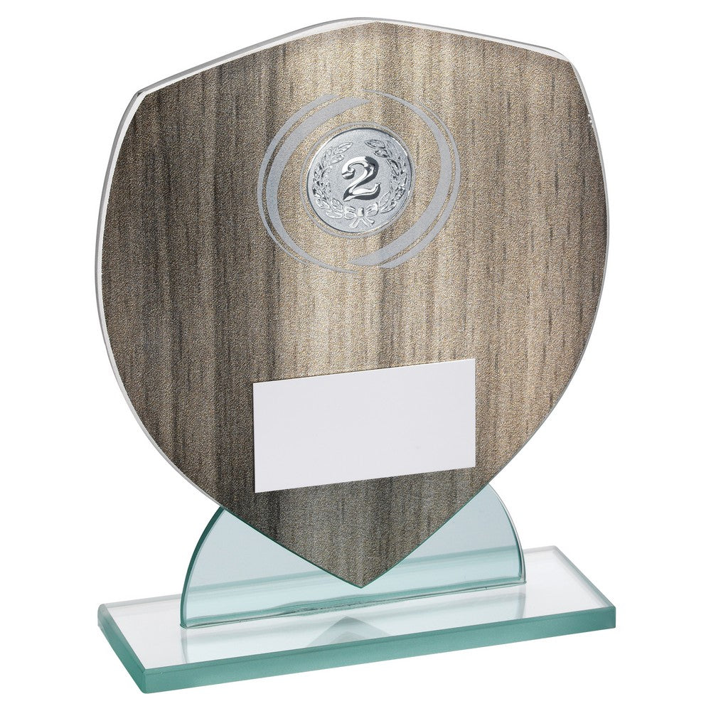 Wood Effect Glass Shield Trophy With White And Mirror Detail - 5.5in (CLEARANCE)