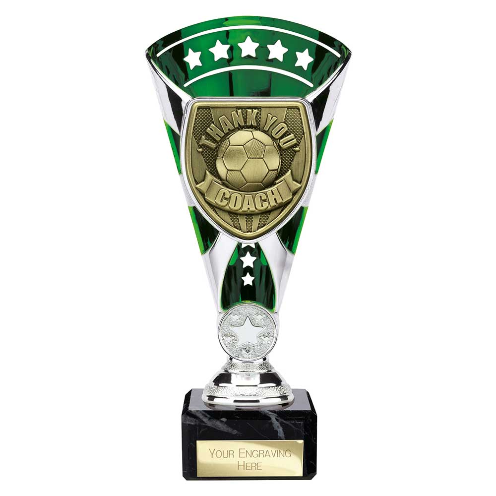 Cobra Football Trophy Cup Thank You Coach (Silver/Green)