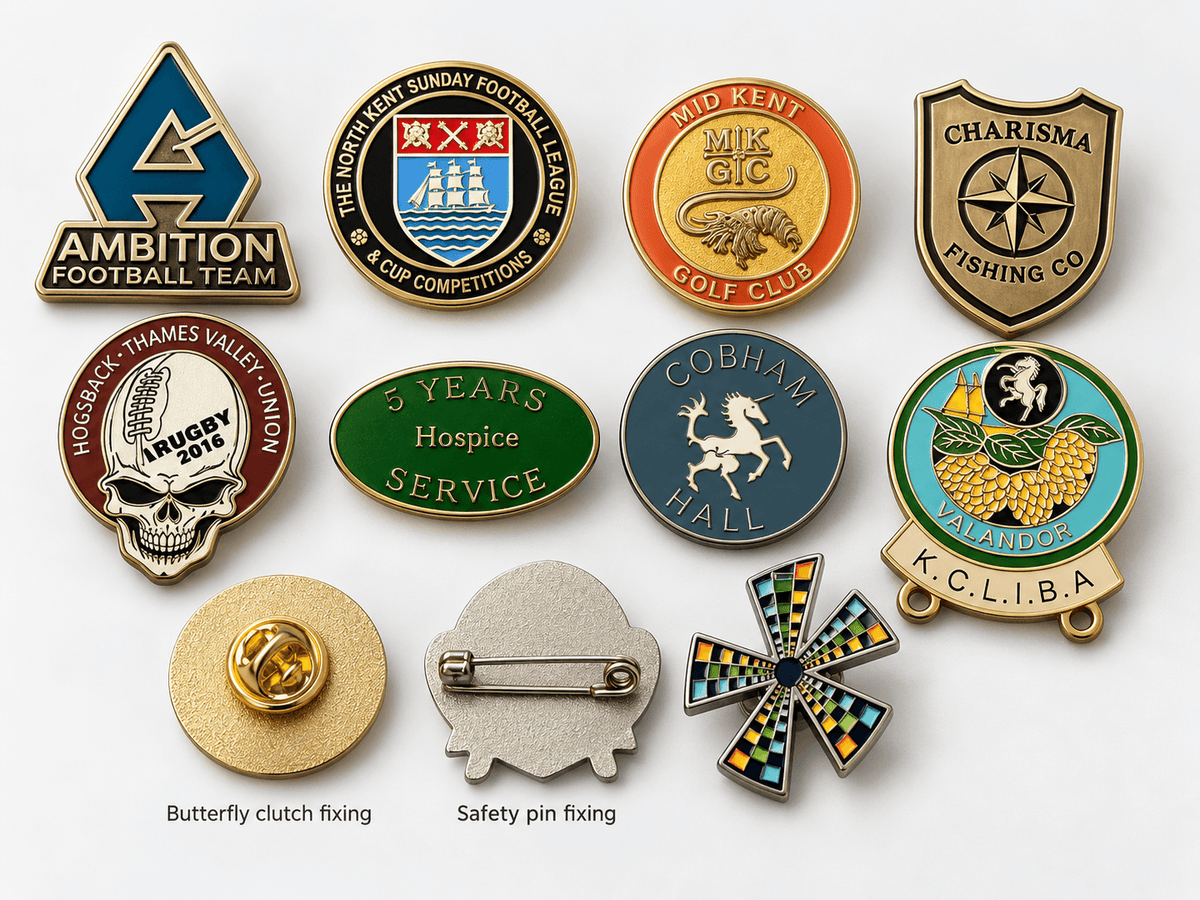 Custom enamel pin badges in a range of shapes and colours, with butterfly clutch and safety pin fittings