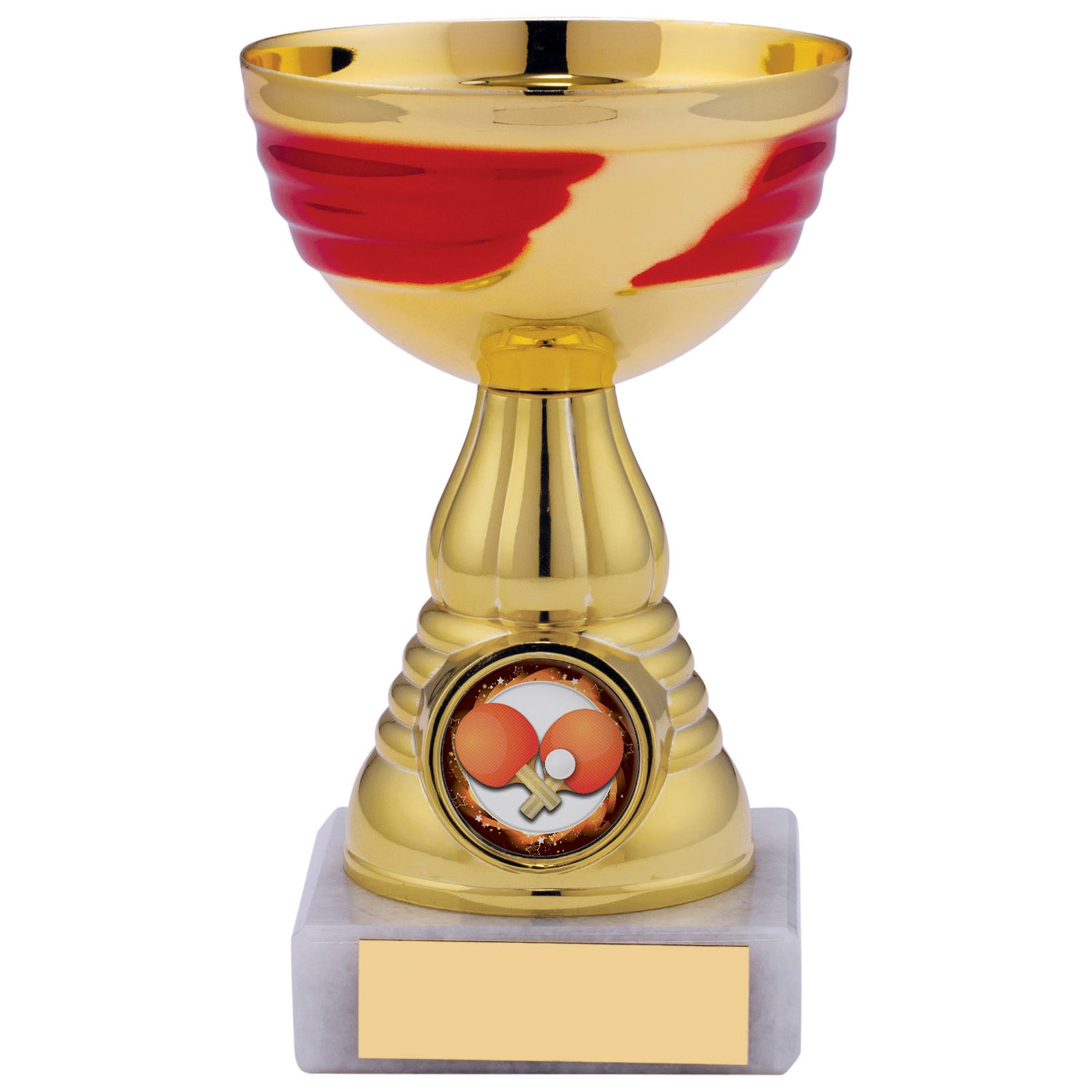 Gold Cup with Red Highlights on White Marble Base