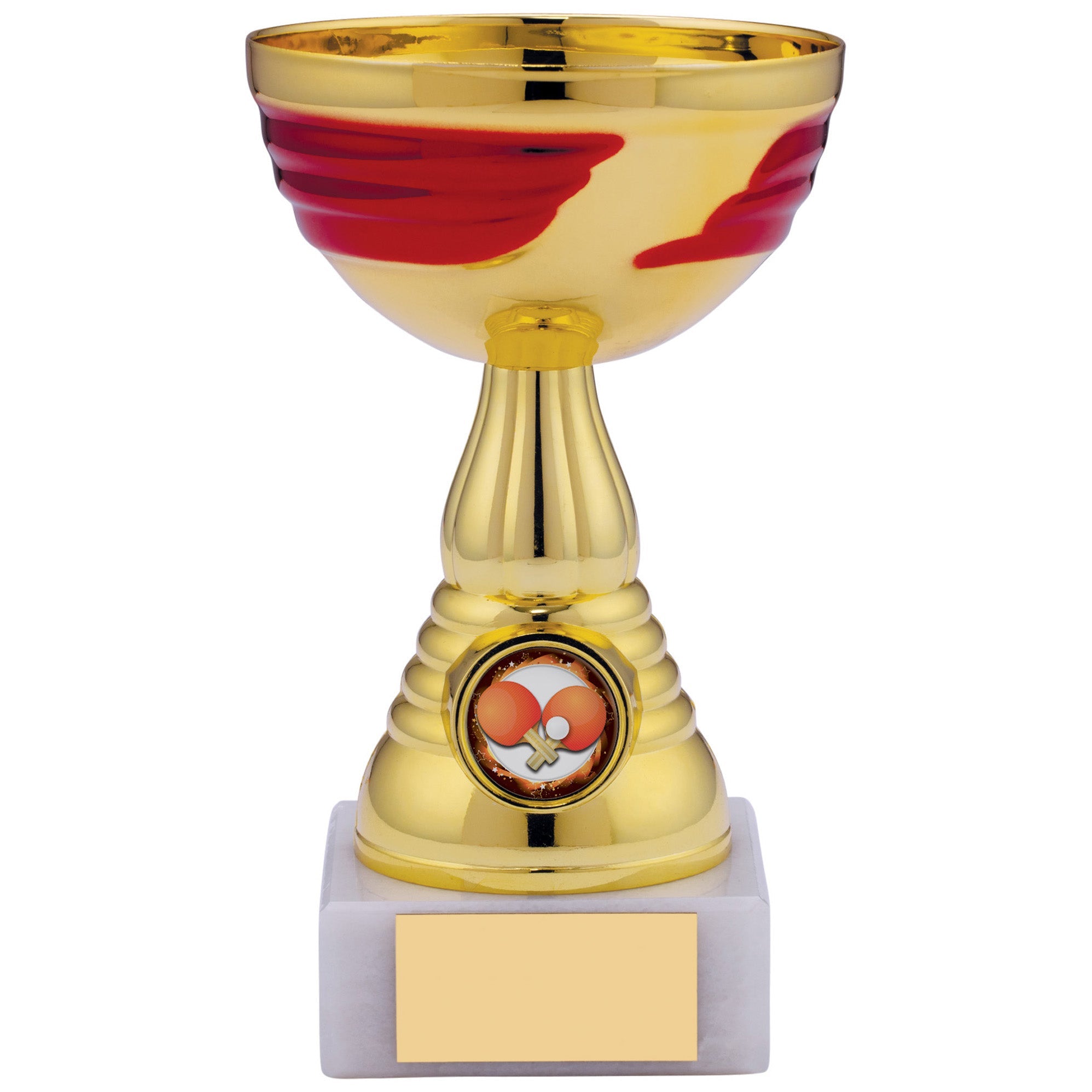 Gold Cup with Red Highlights on White Marble Base