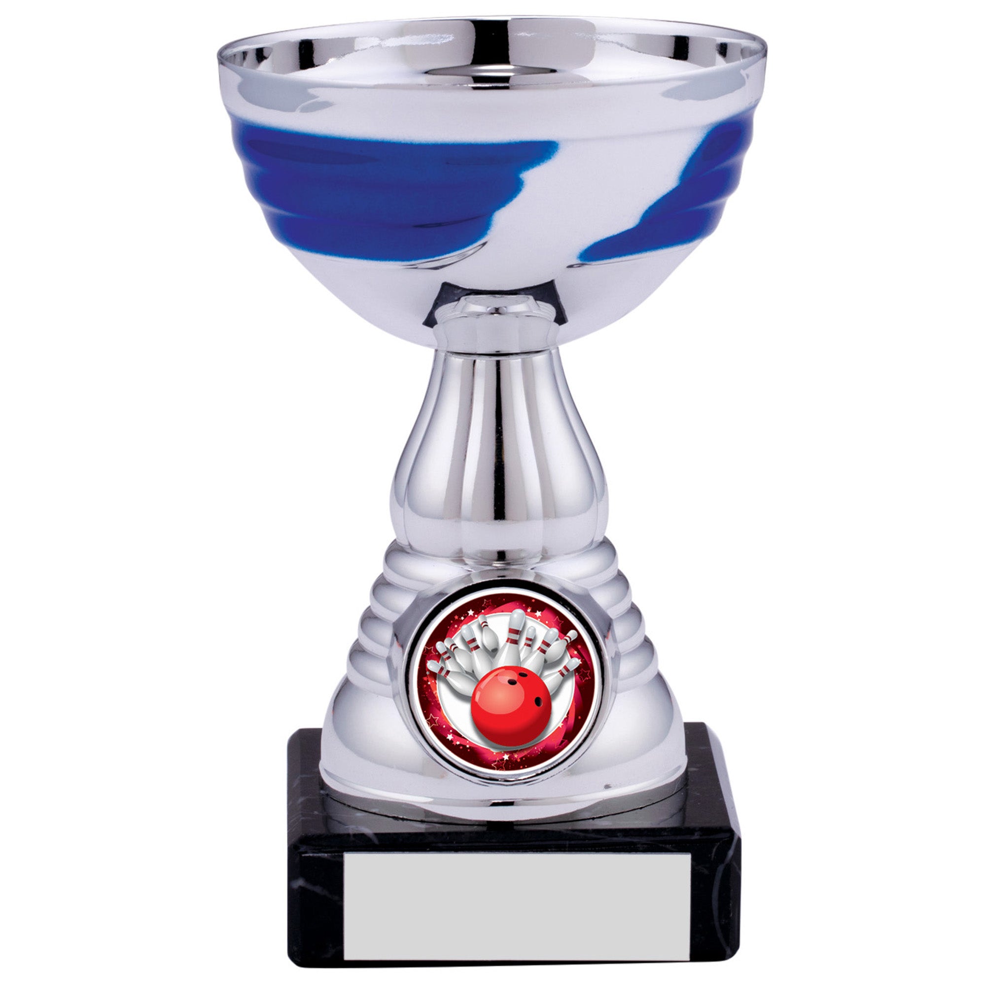 Silver Blue Trophy Cup with Blue Highlights on Black Marble Base