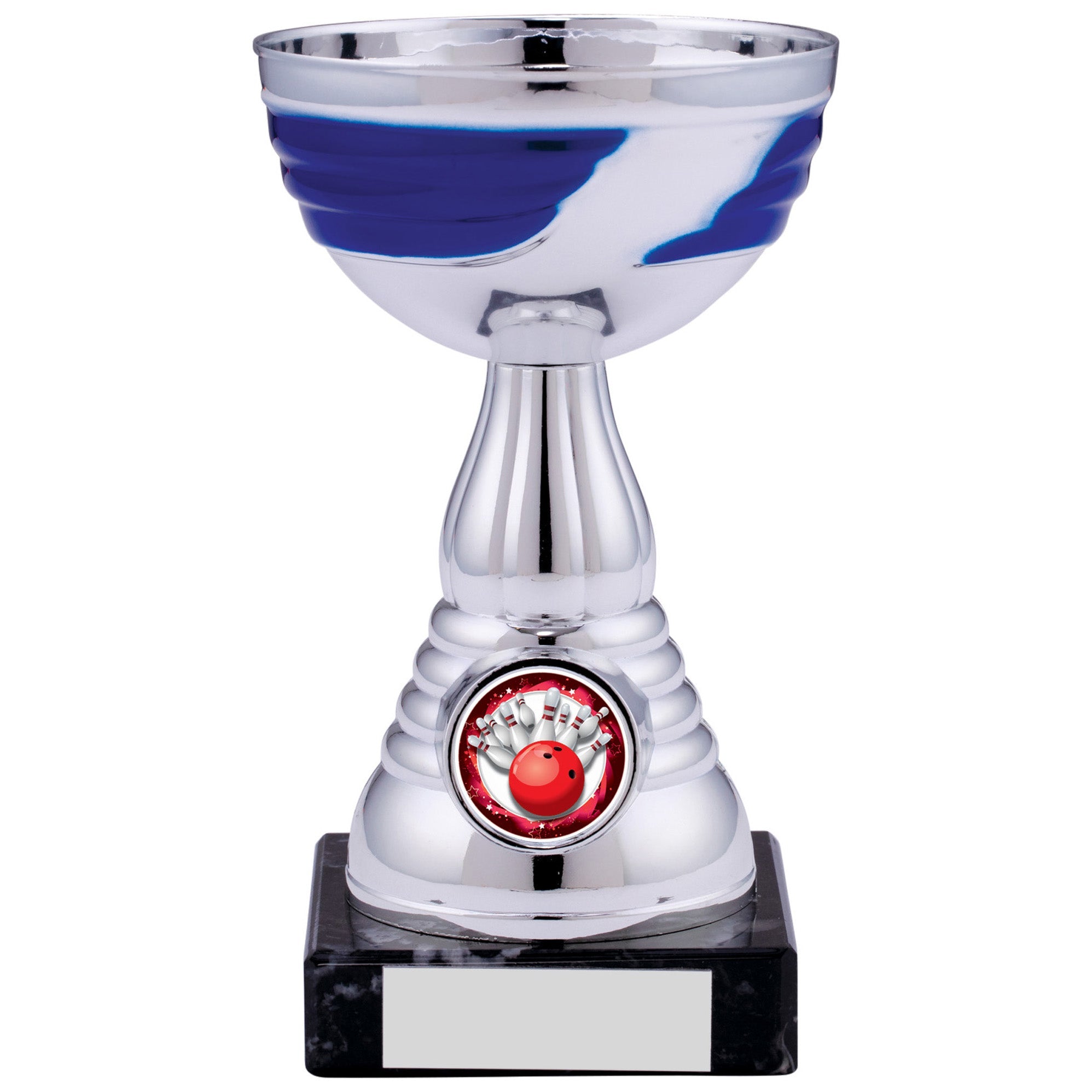 Silver Blue Trophy Cup with Blue Highlights on Black Marble Base