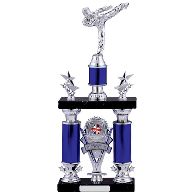 18" Silver Star Karate Kick with Blue Tube Retro Column Trophy
