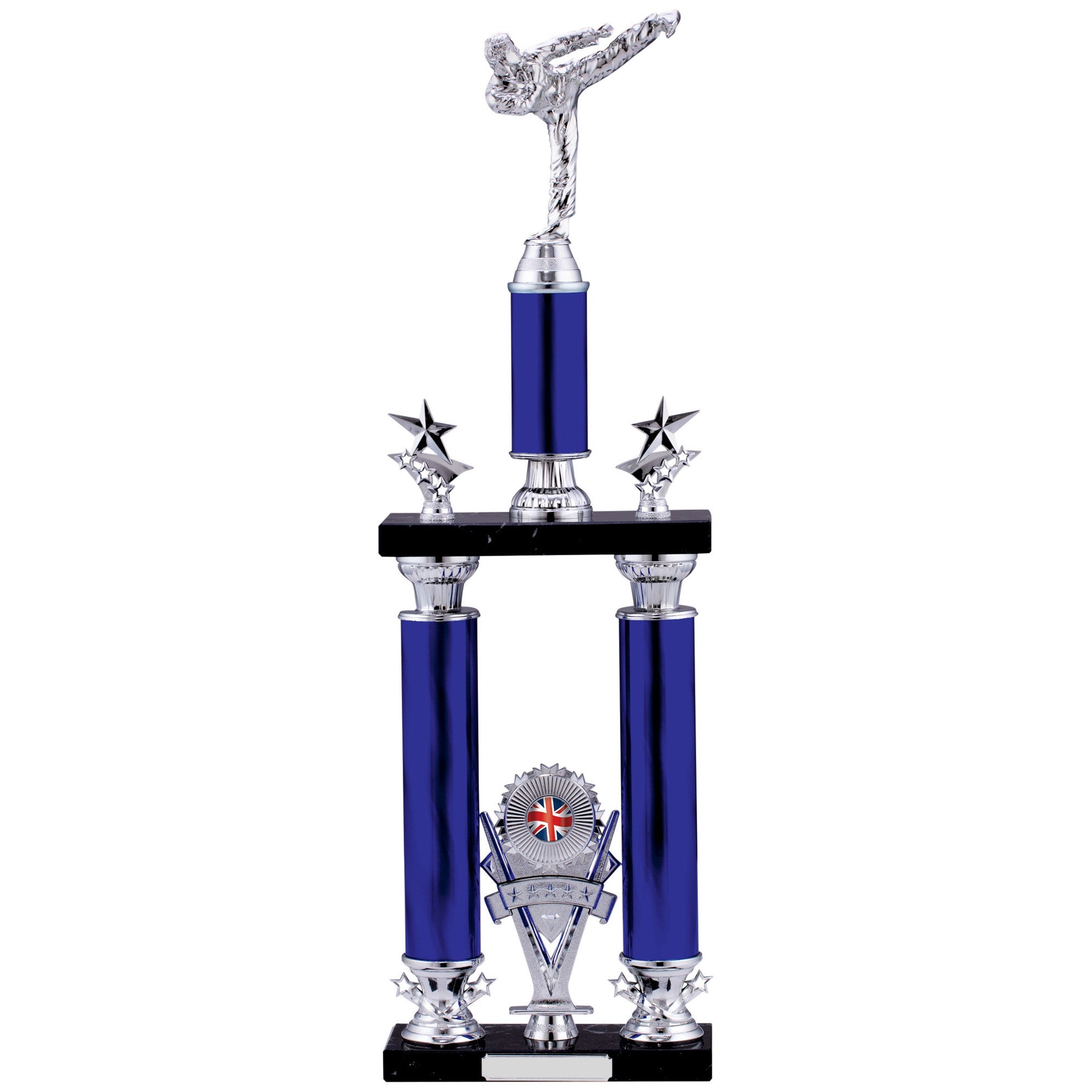 Silver Star Karate Kick with Blue Tube Retro Column Trophy