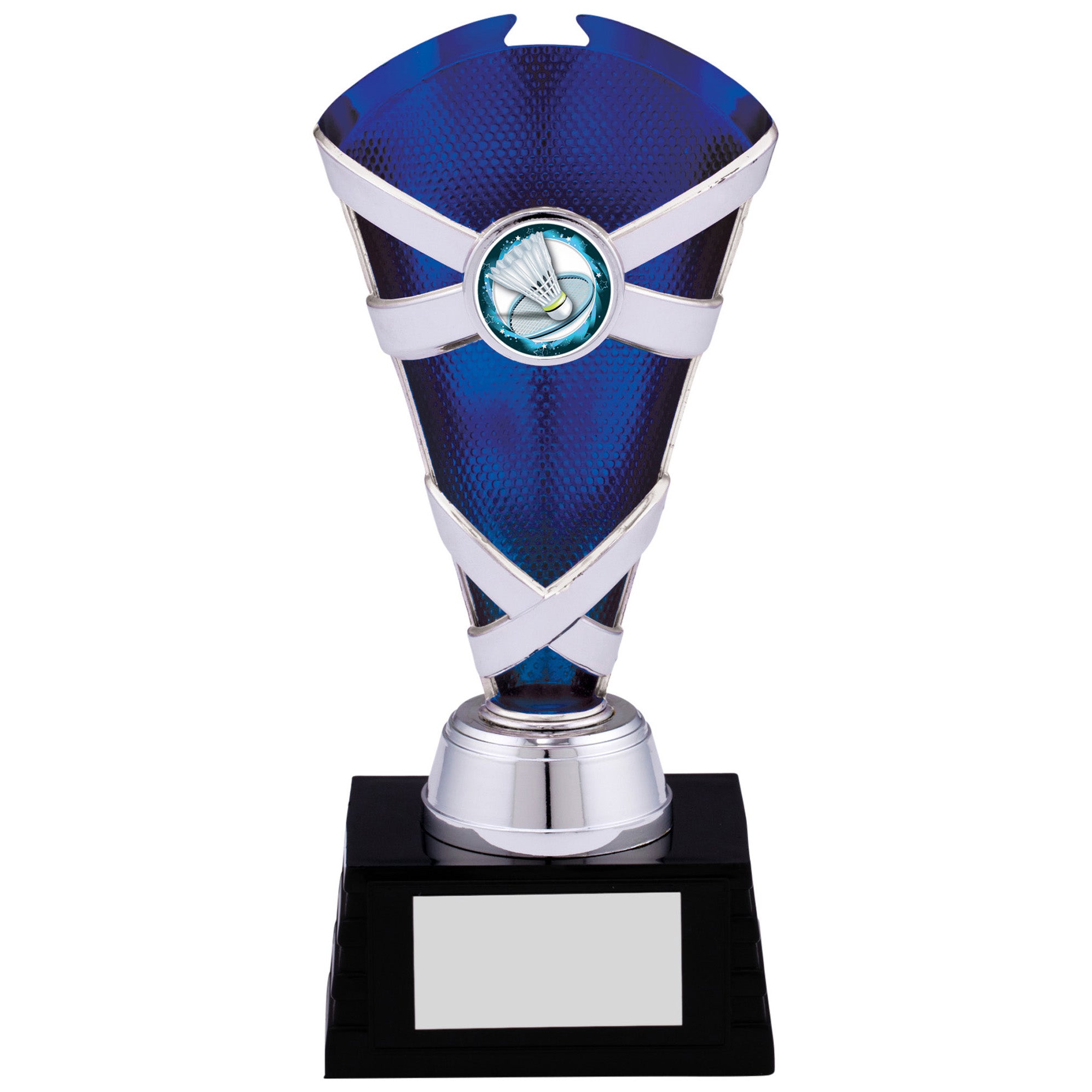 Criss Cross Silver and Blue Plastic Trophy Cup