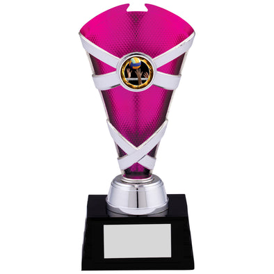 7.5" Criss Cross Silver and Pink Plastic Trophy Cup