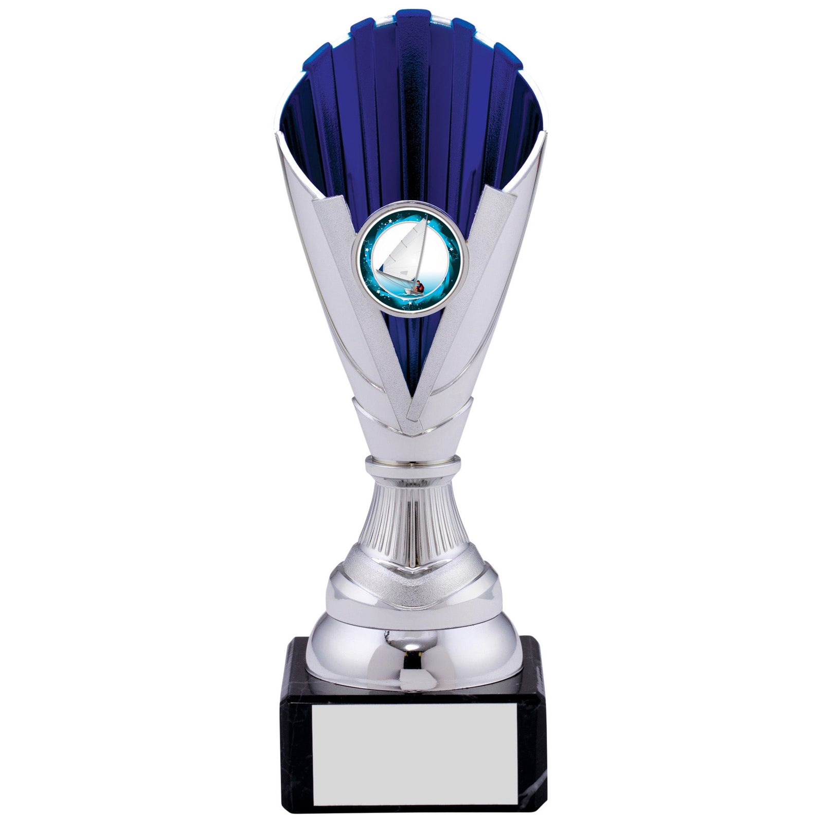 Silver and Blue Plastic Trophy Cup on Black Marble Base