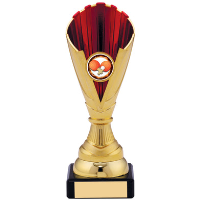 7" Gold and Red Plastic Trophy Cup on Black Marble Base