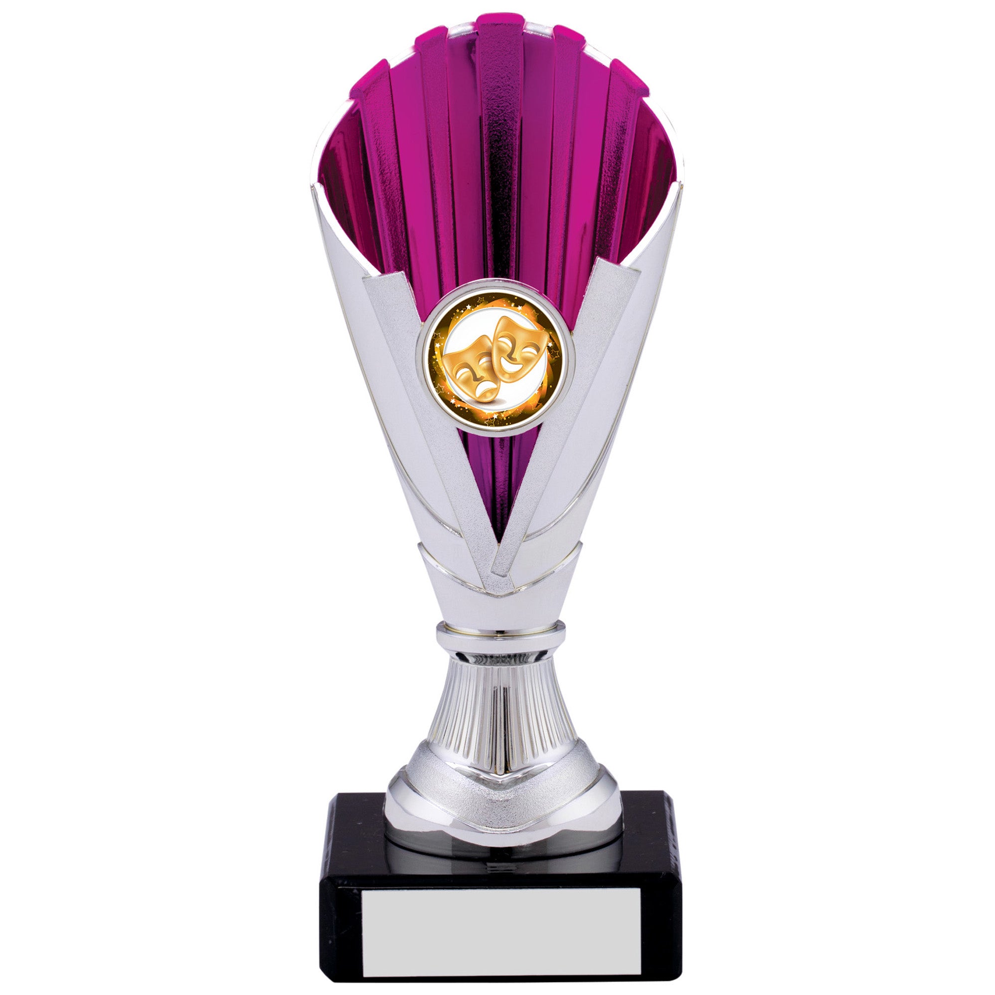 Silver and Pink Plastic Trophy Cup on Black Marble Base