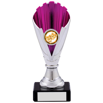 6.5" Silver and Pink Plastic Trophy Cup on Black Marble Base