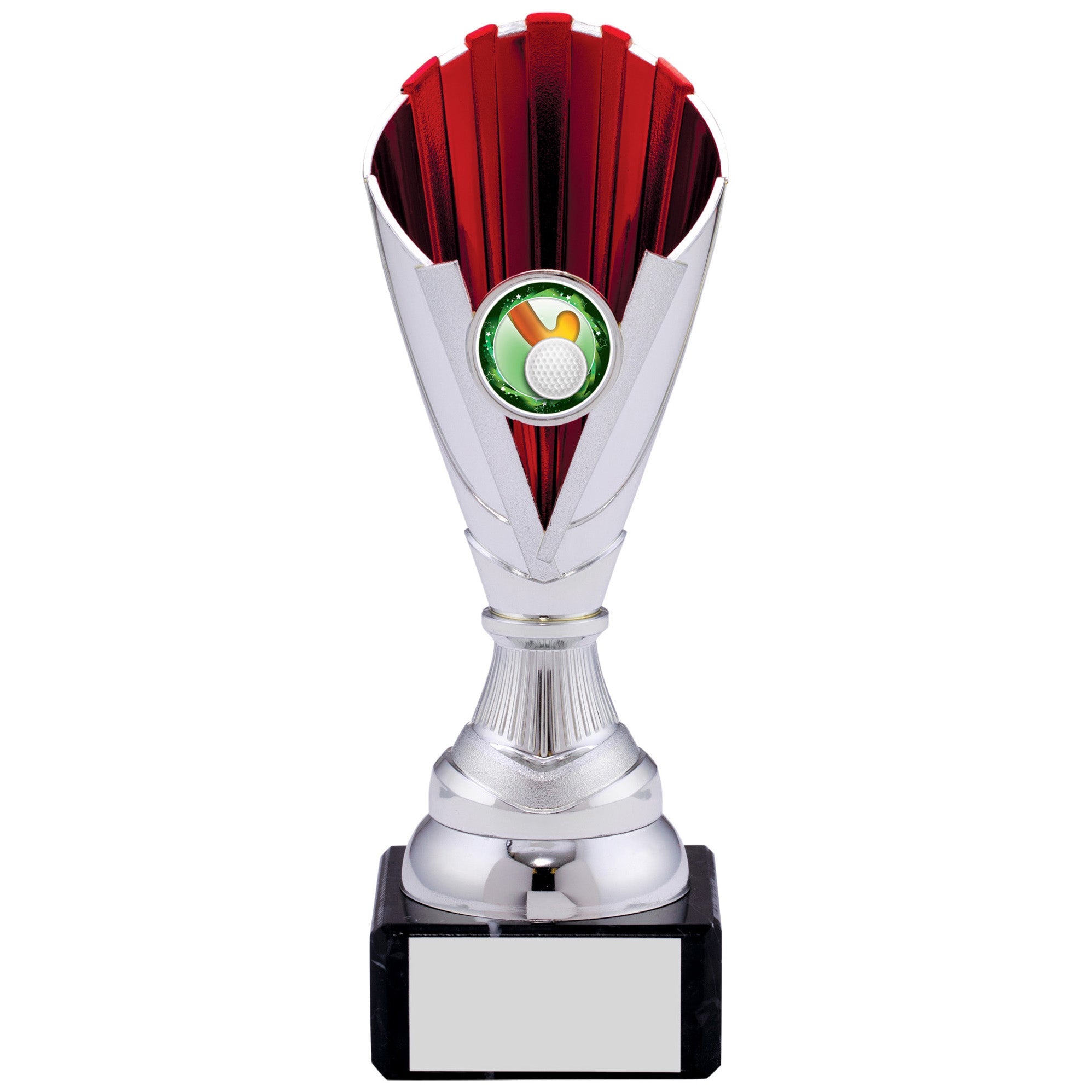 Silver and Red Plastic Trophy Cup on Black Marble Base