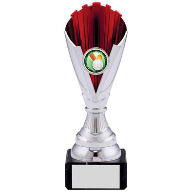 7.5" Silver and Red Plastic Trophy Cup on Black Marble Base
