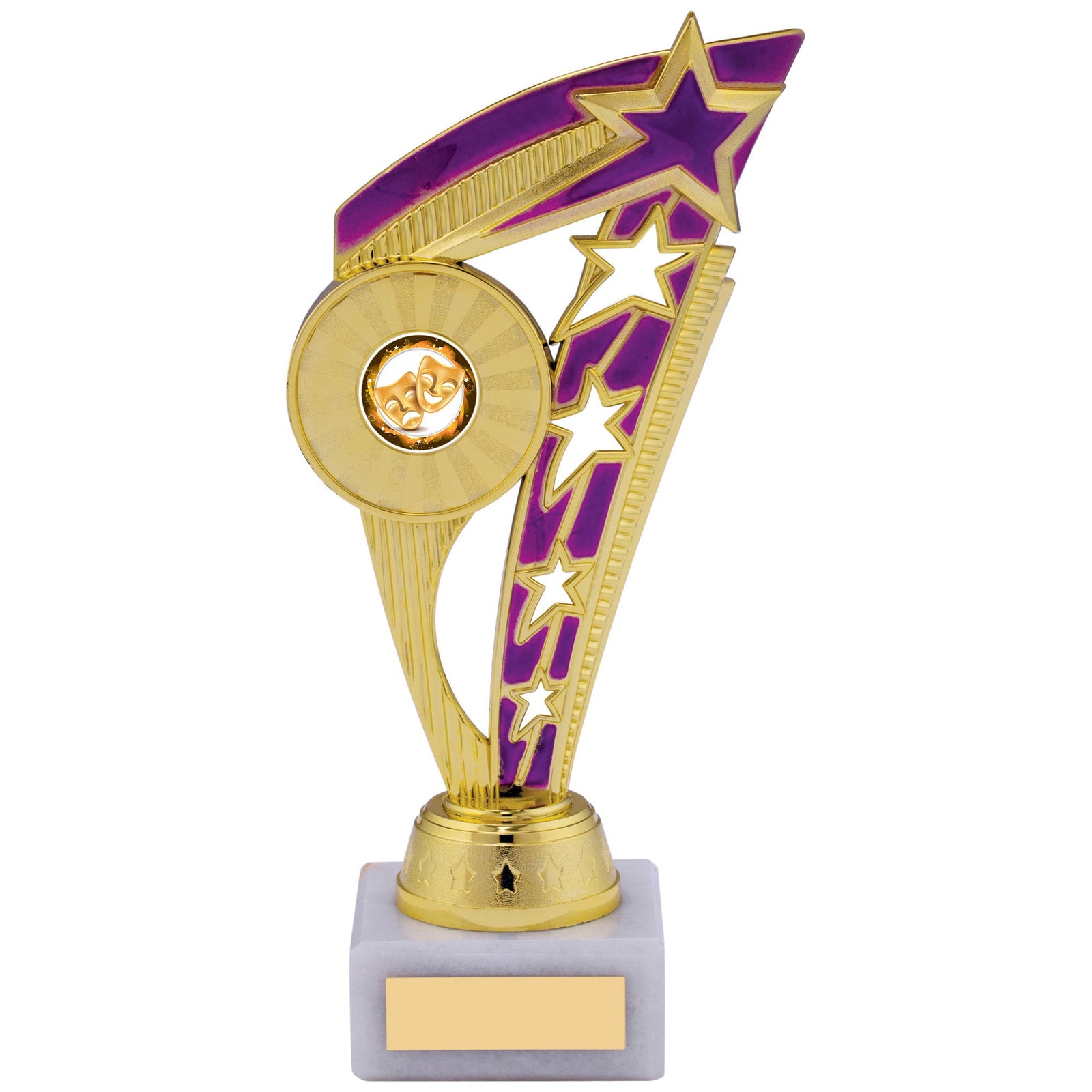 Gold and Purple Star Fin Plastic Trophy on White Marble Base