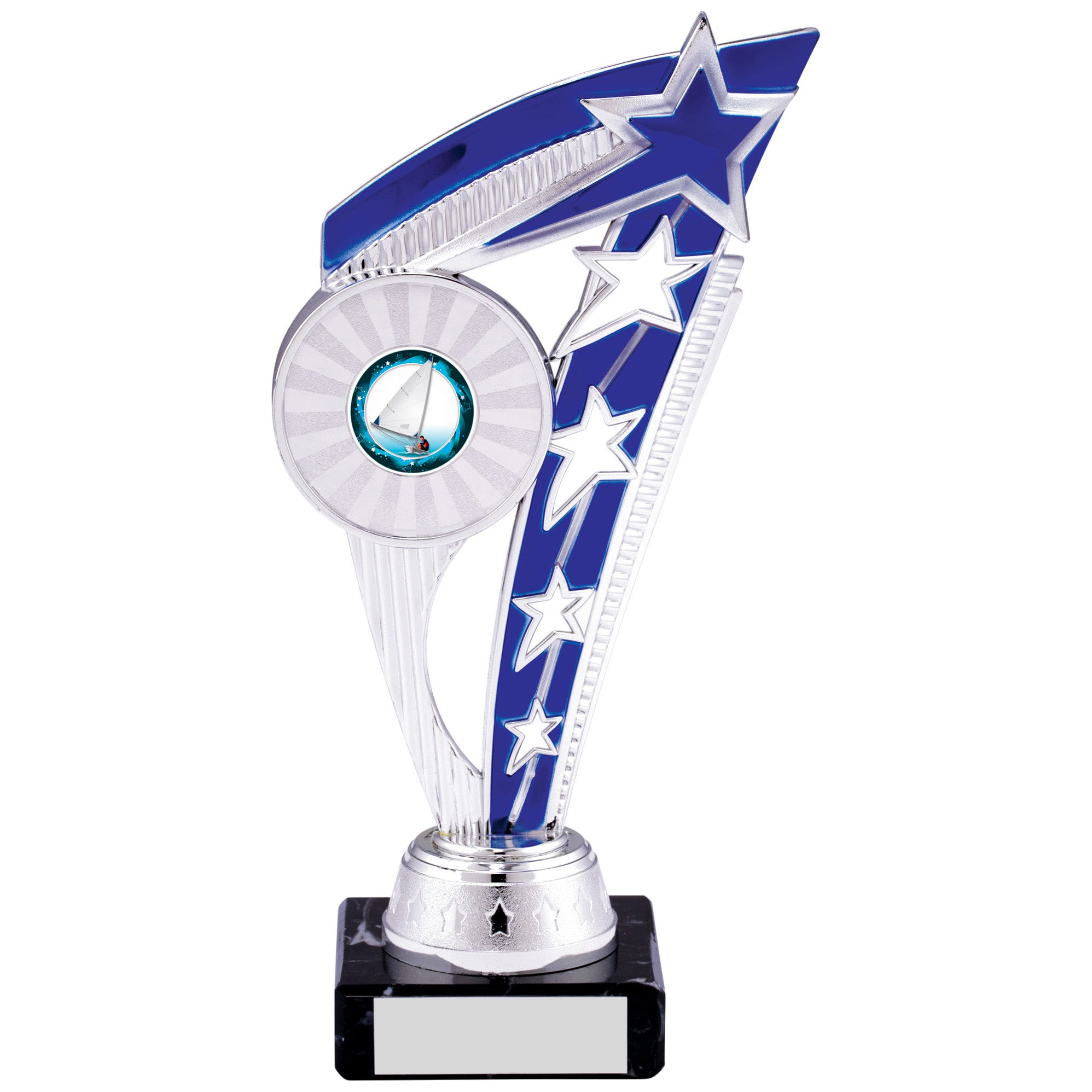 Silver and Blue Star Fin Plastic Trophy on Black Marble Base