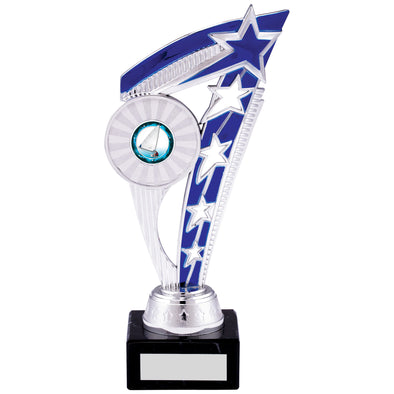 8.5" Silver and Blue Star Fin Plastic Trophy on Black Marble Base