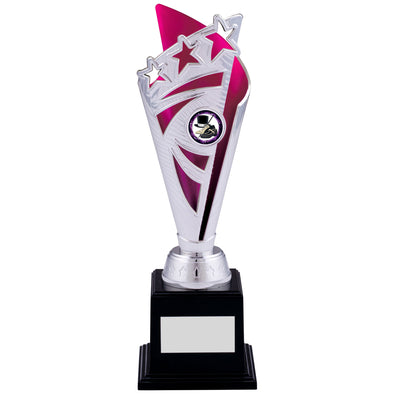 9.25" Silver and Pink Star Cone Plastic Trophy on Black Base