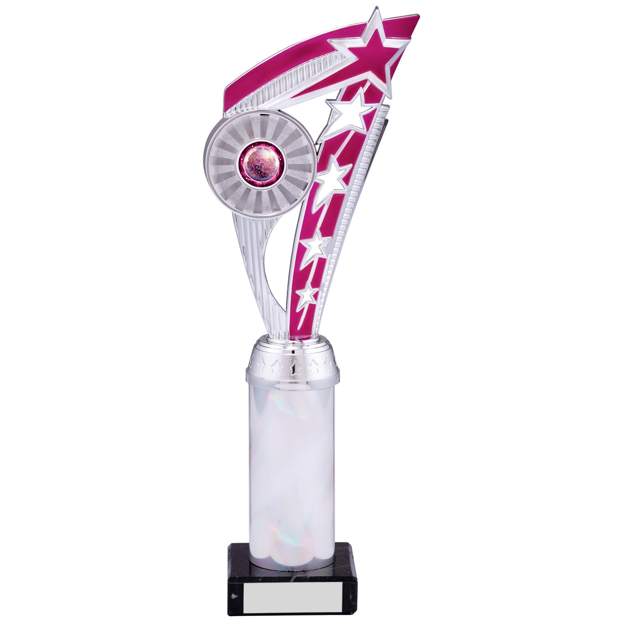 Silver and Pink Star Fin Plastic Trophy on Black Marble Base