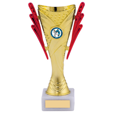 8.5" Gold and Red Plastic Trophy Cup on White Marble Base