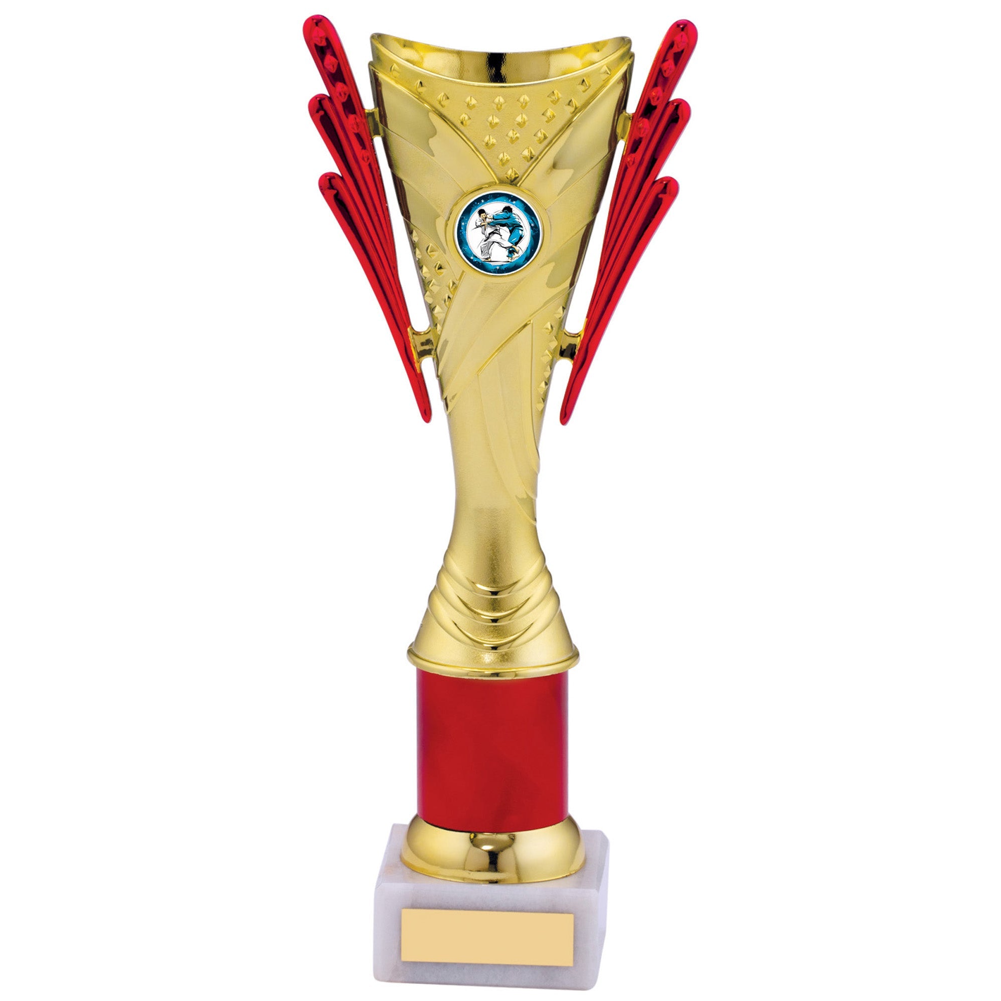 Gold and Red Plastic Trophy Cup on White Marble Base