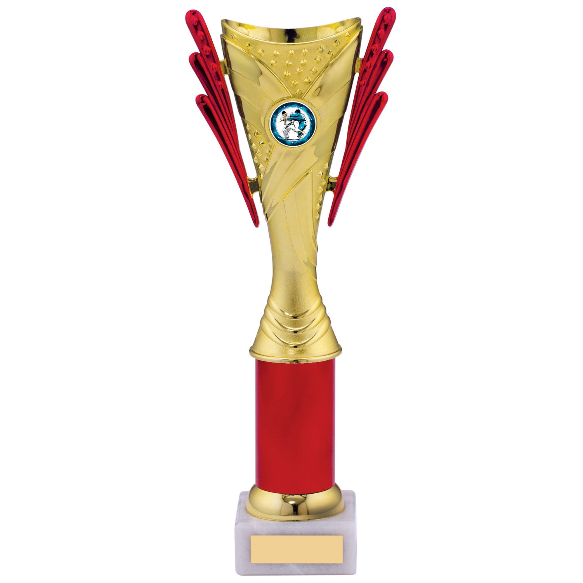 Gold and Red Plastic Trophy Cup on White Marble Base