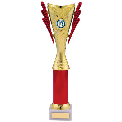 13" Gold and Red Plastic Trophy Cup on White Marble Base