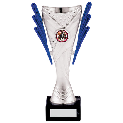 8.5" Silver and Blue Plastic Trophy Cup on Black Marble Base